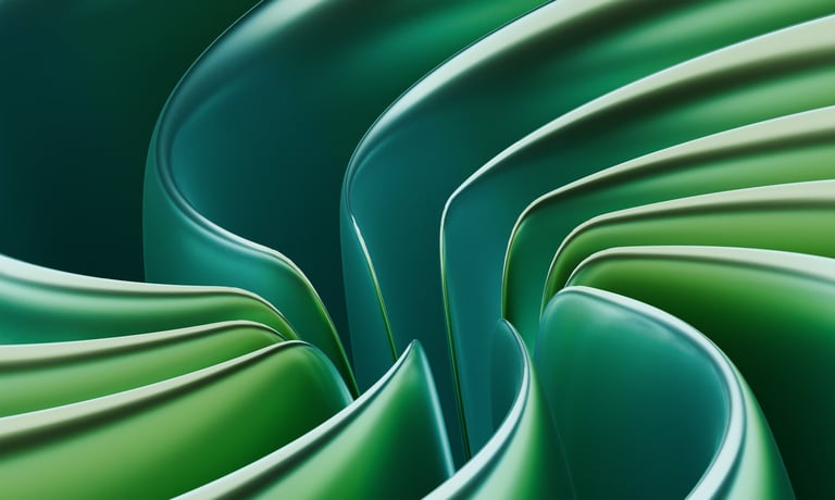 Dynamic green gradient curves with metallic texture showing emergence and movement