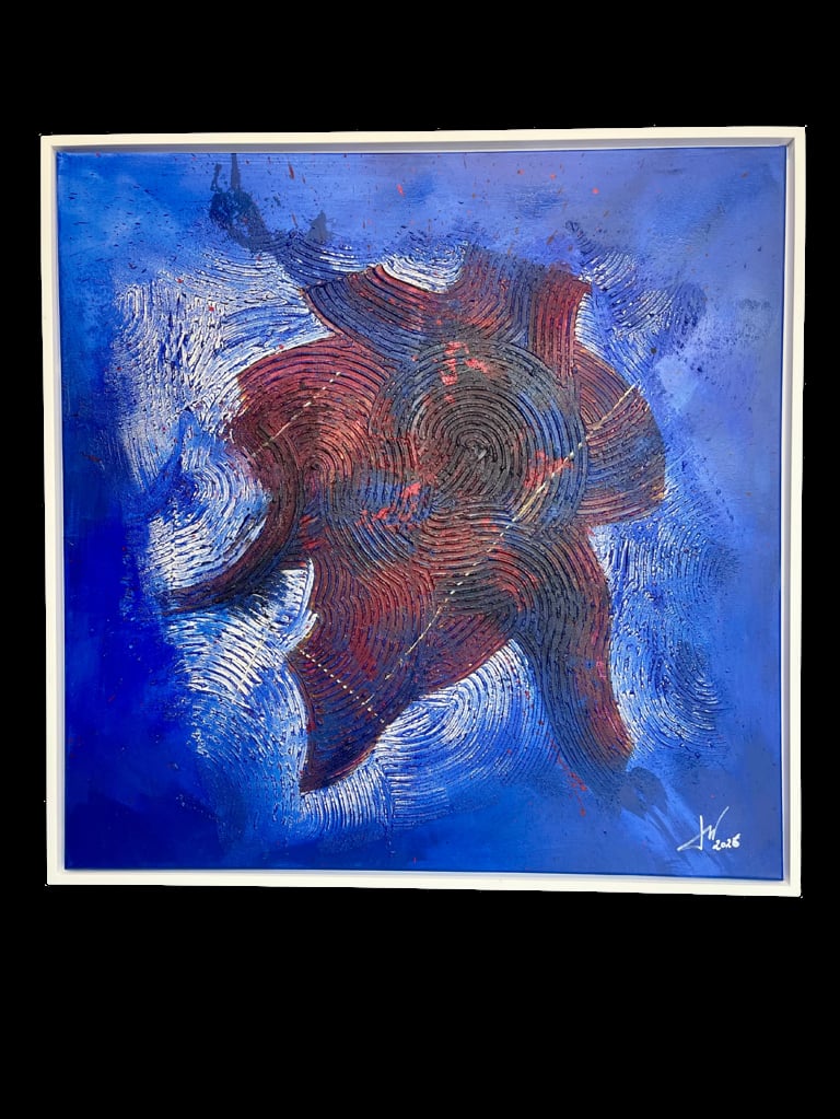 Abstract painting with red concentric circles and spiral patterns on vibrant blue background