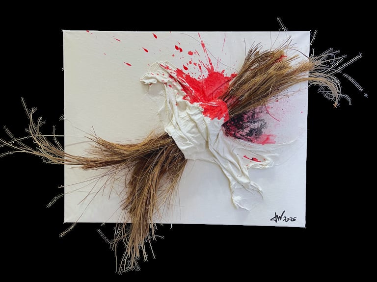 Abstract mixed media with red and pink paint splatters, dried grass and twigs