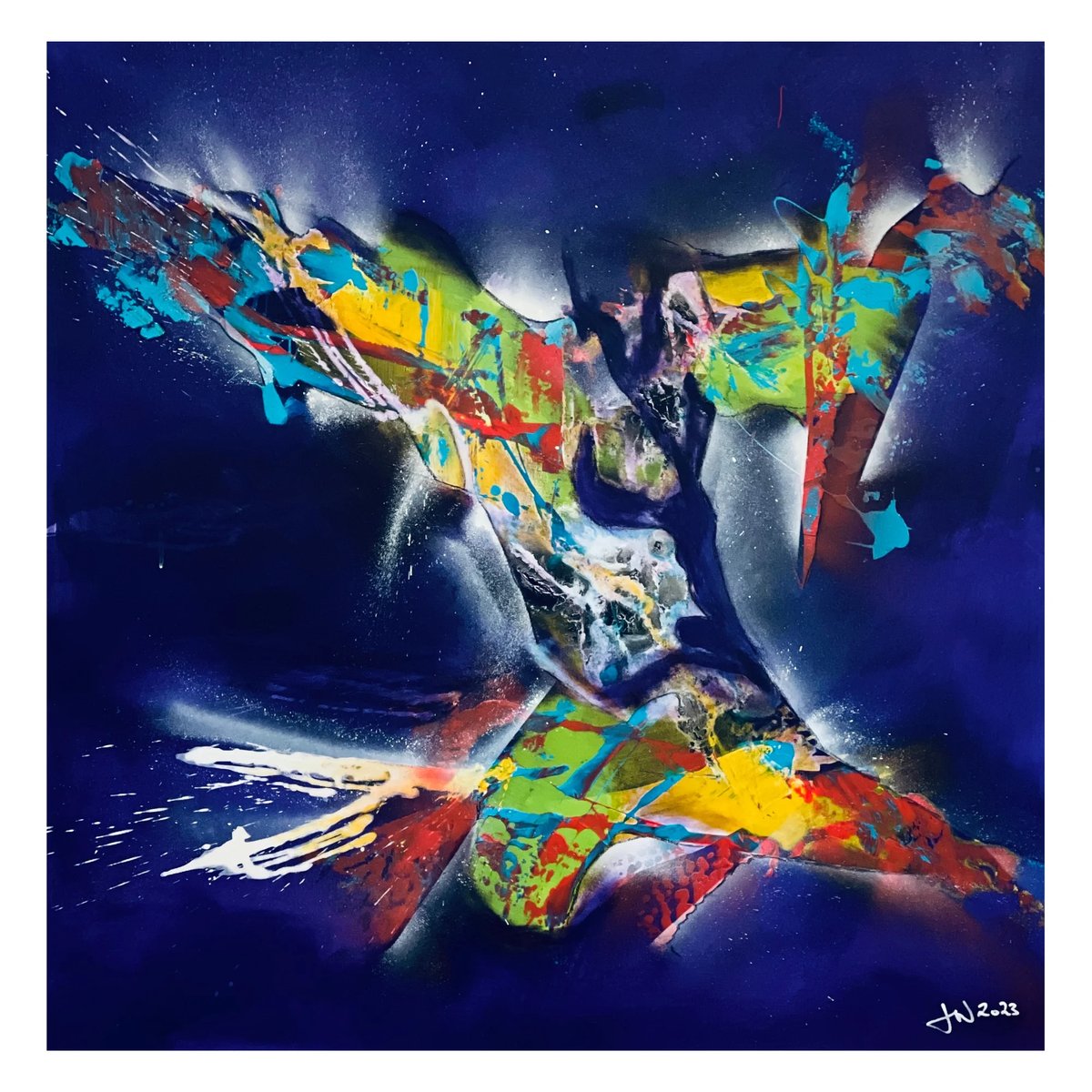 Abstract silhouette of a person with colorful paint splatters and expressive brushstrokes against a dark blue starry background