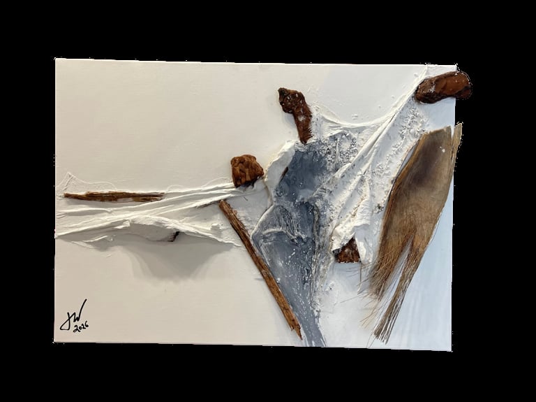 Mixed media artwork featuring driftwood pieces and white fabric arranged on a beige canvas