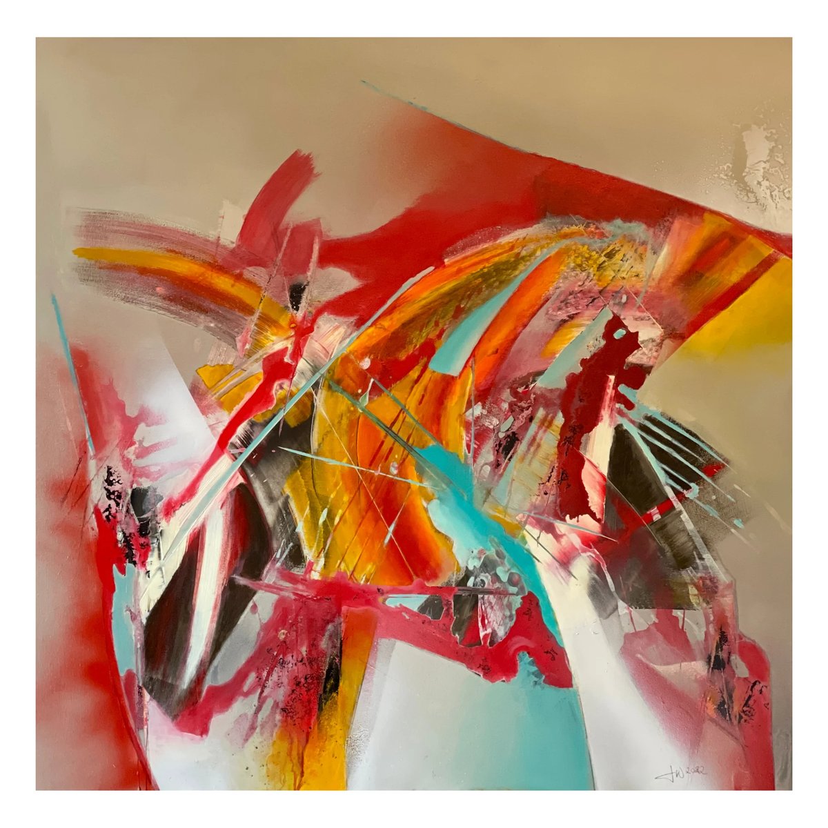 Abstract painting with vibrant red, yellow, orange, and turquoise brushstrokes creating dynamic layers and shapes on cream background