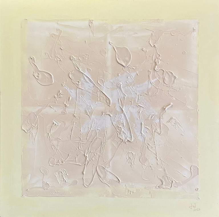 Abstract white and cream textured relief painting with gestural brushstrokes and impasto technique on pale background