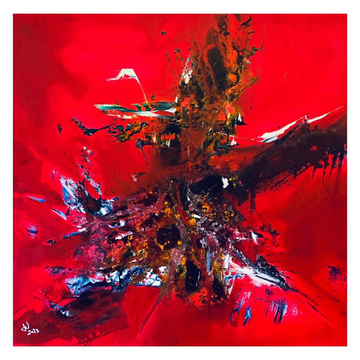 Abstract painting with bold red background and explosive central composition of dark, gold, and blue paint strokes creating dynamic movement